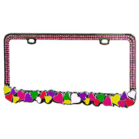 Product Image for Chrome Metal License Plate Frame w/ Pink Diamante Rhinestones and Colorful Pearlescent Hearts