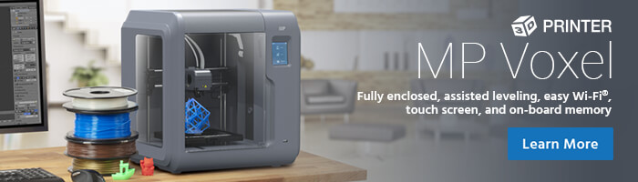 3D Printer MP Voxel Fully enclosed, assisted leveling, easy Wi-Fi, touch screen, and on-board memory Learn More>