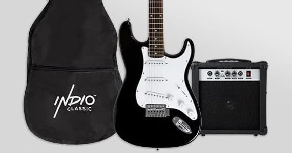 Back in Stock Indio by Monoprice (Indio logo)  Cali Complete Electric Guitar Package Includes Amp & Accessories Ideal for Beginners ONLY $129.99 Free Standard US Shipping Shop Now
