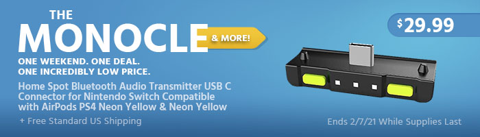 The Monocle. & More One Weekend. One Deal. Home Spot Bluetooth Audio Transmitter USB C Connector for Nintendo Switch Compatible with AirPods PS4 Neon Yellow & Neon Yellow $29.99+ Free Standard US Shipping Ends 2/7/21 While Supplies Last