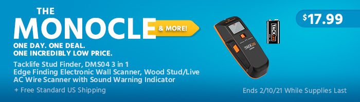 The Monocle. & More One Day. One Deal. Tackliife Stud Finder, DMS04 3 in 1 Edge Finding Electronic Wall Scanner, Wood Stud/Live AC Wire Scanner with Sound Warning Indicator $17.99+ Free Standard US Shipping Ends 2/10/21 While Supplies Last