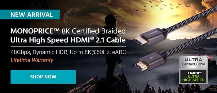 NEW ARRIVAL Monoprice 8K Certified Braided Ultra High Speed HDMI 2.1 Cable 48Gbps, Dynamic HDR, Up to 8K@60Hz, eARC Lifetime Warranty Shop Now