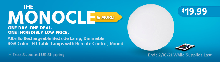 The Monocle. & More One Day. One Deal. Albrillo Rechargeable Bedside Lamp, Dimmable RGB Color LED Table Lamps with Remote Control, Round $19.99 + Free Standard US Shipping Ends 02/16/21 While Supplies Last