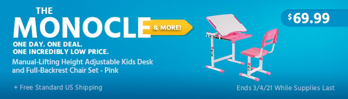 The Monocle. & More One Day. One Deal Manual-Lifting Height Adjustable Kids Desk and Full-Backrest Chair Set - Pink $69.99 + Free Standard US Shipping Ends 03/04/21 While Supplies Last