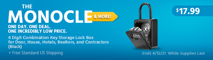 The Monocle. & More One Day. One Deal. Lock Box, 4 Digit Combination Key Storage Lock Box for Door, House, Hotels, Realtors, Contractors (Black) $17.99 + Free Standard US Shipping Ends 04/12/21 While Supplies Last