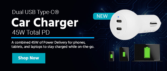 NEW (tag) Dual USB Type-C® Car Charger 45W Total PD A combined 45W of Power Delivery for phones, tablets, and laptops to stay charged while on-the-go. Shop Now