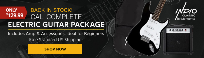 Back in Stock Indio by Monoprice (Indio logo) Cali Complete Electric Guitar Package Includes Amp & Accessories Ideal for Beginners ONLY $129.99 Free Standard US Shipping Shop Now