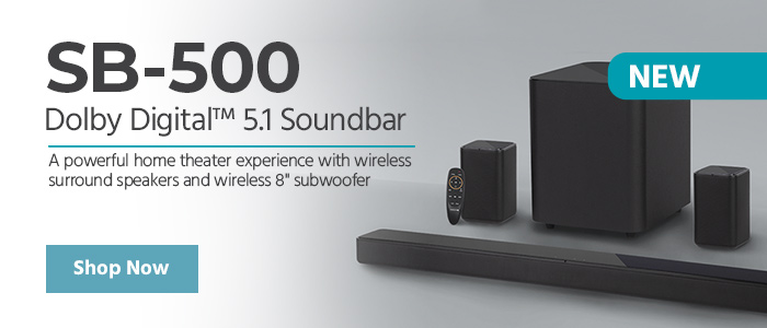 NEW (tag) SB-500 Dolby Digital™ 5.1 Soundbar A powerful home theater experience with wireless surround speakers and wireless 8"" subwoofer Shop Now