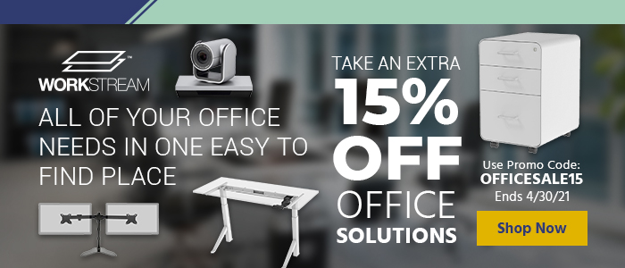 Workstream logo Your office needs in one easy to find spot Take an extra 15% off Office Goods Use promo code: OFFICESALE15 Ends 4/30/21 Shop Now