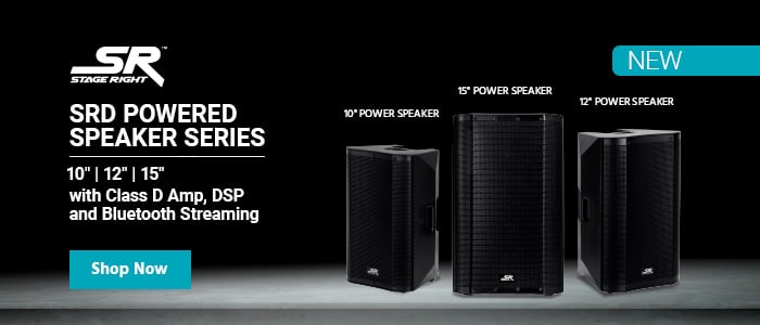 NEW (tag) Stage Right (logo) SRD Powered Speaker Series 10" | 12" | 15" with Class D Amp, DSP and Bluetooth Streaming Shop now