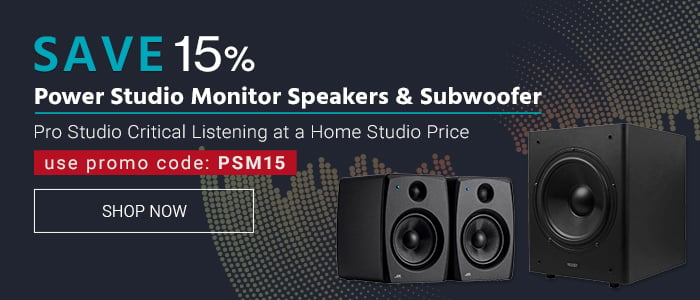 Save 15% Power Studio Monitor Speakers & Subwoofer Use promo code: PSM15 Pro Studio Critical Listening at a Home Studio Price Shop Now