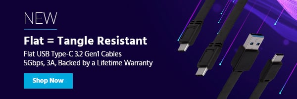 NEW (tag) Flat=Tangle Resistant Flat USB Type-C 3.2 Gen1 Cables 5Gbps, 3A, Backed by a Lifetime Warranty Shop Now