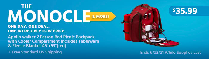 The Monocle. & More One Day. One Deal. Apollo walker 2 Person Red Picnic Backpack with Cooler Compartment Includes Tableware & Fleece Blanket 45"x53"(red) $35.99 + Free Standard US Shipping Ends 6/23/21 While Supplies Last