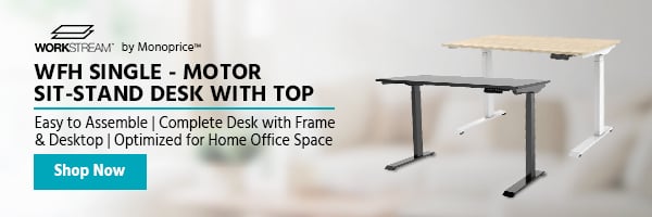 NEW (tag) WORKSTREAM™ by Monoprice™ (logo) WFH Single‑Motor Sit‑Stand Desk with Top Easy to Assemble |Complete Desk with Frame & Desktop | Optimized for Home Office Space Shop Now