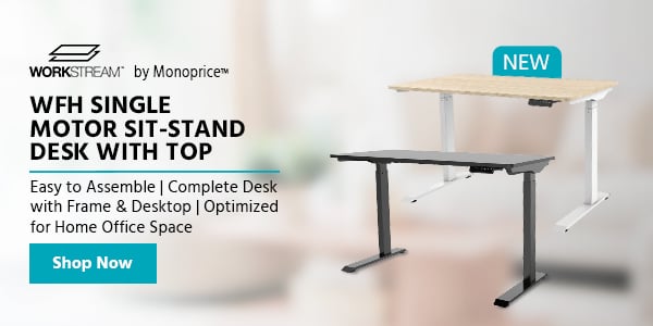 NEW (tag) WORKSTREAM™ by Monoprice™ (logo) WFH Single‑Motor Sit‑Stand Desk with Top Easy to Assemble |Complete Desk with Frame & Desktop | Optimized for Home Office Space Shop Now