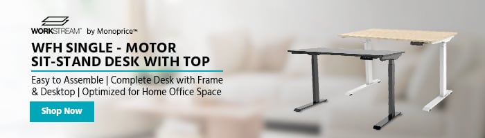 NEW (tag) WORKSTREAM™ by Monoprice™ (logo) WFH Single‑Motor Sit‑Stand Desk with Top Easy to Assemble |Complete Desk with Frame & Desktop | Optimized for Home Office Space Shop Now