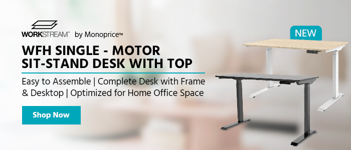 NEW (tag) WORKSTREAM™ by Monoprice™ (logo) WFH Single‑Motor Sit‑Stand Desk with Top Easy to Assemble |Complete Desk with Frame & Desktop | Optimized for Home Office Space Shop Now