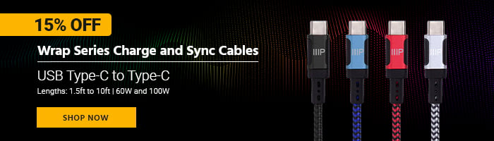 15% off (tag) Wrap Series Charge and Sync Cables USB Type-C to Type-C Lengths: 1.5ft to 10ft | 60W and 100W Shop Now