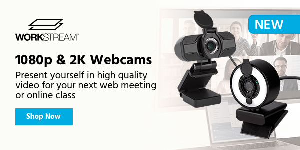 NEW (tag) Workstream (logo) 1080p & 2K Webcams Present yourself in high quality video for your next web meeting or online class Shop Now