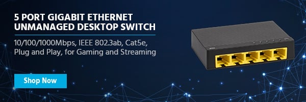 NEW 5‑Port Gigabit Ethernet Unmanaged Desktop Switch 10/100/1000Mbps, IEEE 802.3ab, Cat5e, Plug and Play, for Gaming and Streaming Shop Now