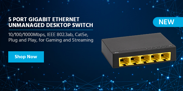 NEW 5‑Port Gigabit Ethernet Unmanaged Desktop Switch 10/100/1000Mbps, IEEE 802.3ab, Cat5e, Plug and Play, for Gaming and Streaming Shop Now