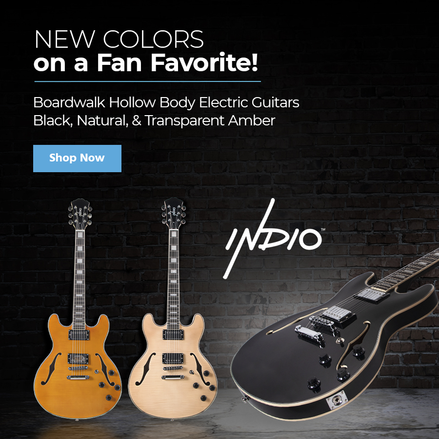 New Colors on a Fan Favorite! Indio logo Boardwalk Hollow Body Electric Guitars Black, Natural, & Transparent Amber Shop Now