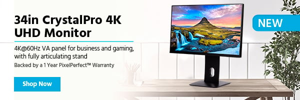 NEW (tag) 34in CrystalPro 4K UHD Monitor 4K@60Hz VA panel for business and gaming, with fully articulating stand Backed by a 1 Year PixelPerfect™ Warranty Shop Now