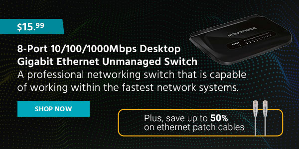 8-Port 10/100/1000Mbps Desktop Gigabit Ethernet Unmanaged Switch A professional networking switch that is capable of working within the fastest network systems, Plus, save up to 50% on ethernet patch cables (tag) Shop Now