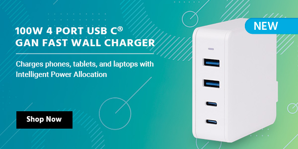 NEW (tag) 100W 4‑Port USB‑C® GaN Fast Wall Charger Charges phones, tablets, and laptops with Intelligent Power Allocation Shop now