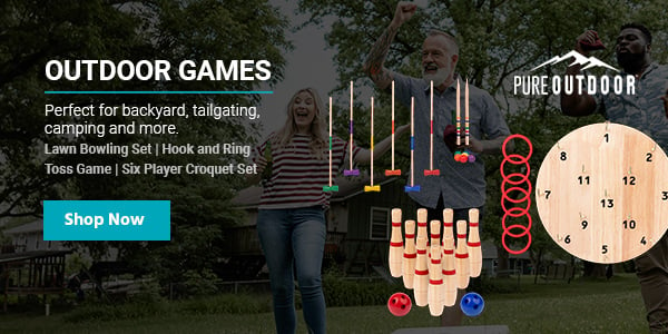 NEW! (tag) Pure Outdoor (logo) Outdoor Games Perfect for backyard, tailgating, camping and more. Lawn Bowling Set | Hook and Ring Toss Game | Six Player Croquet Set Shop Now