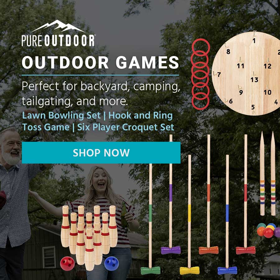 NEW! (tag) Pure Outdoor (logo) Outdoor Games Perfect for backyard, tailgating, camping and more.  Lawn Bowling Set | Hook and Ring Toss Game | Six Player Croquet Set Shop Now