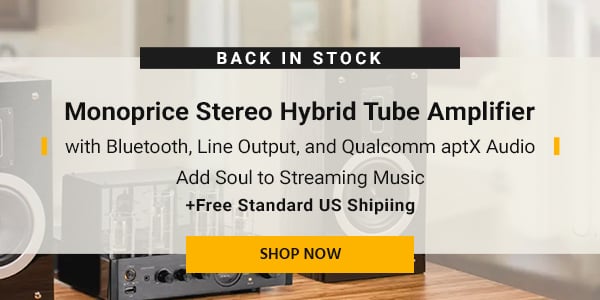 Back In Stock (tag) Monoprice Stereo Hybrid Tube Amplifier with Bluetooth, Line Output, and Qualcomm aptX Audio Add Soul to Streaming Music +Free Standard US Shipping Shop Now