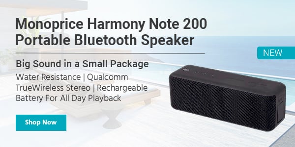 New (tag) Monoprice Harmony Note 200 Portable Bluetooth Speaker Big Sound in a Small Package Water Resistance | Qualcomm TrueWireless Stereo | Rechargeable Battery For All Day Playback Shop Now