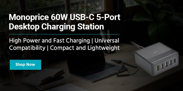 New (tag) Monoprice 60W USB‑C 5‑Port Desktop Charging Station High Power and Fast Charging | Universal Compatibility | Compact and Lightweight