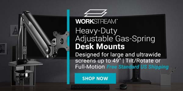 New (tag) Workstream (logo) Heavy‑Duty Single‑Monitor Adjustable Gas‑Spring Desk Mounts Designed for large and ultrawide screens up to 49"" | Tilt/Rotate or Full-Motion Free Standard US Shipping Shop Now