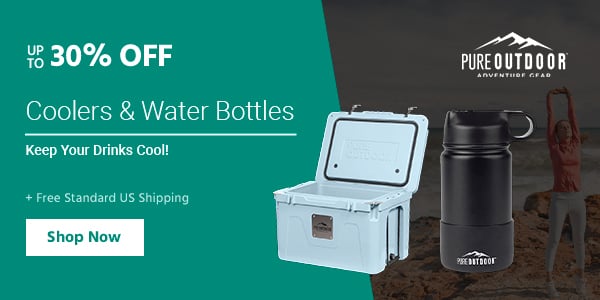 Pure Outdoor (logo) Up to 30% off Coolers & Water Bottles Keep Your Drinks Cool! + Free Standard US Shipping Shop Now