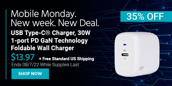 Mobile Monday. New Week, New Deal. USB Type-C® Charger, 30W 1-port PD GaN Technology Foldable Wall Charger