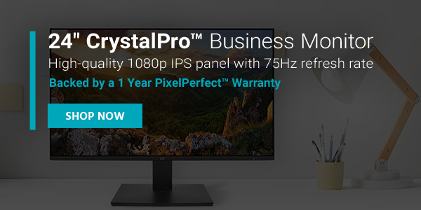 NEW (tag) 24" CrystalPro™ Business Monitor High‑quality 1080p IPS panel with 75Hz refresh rate Backed by a 1 Year PixelPerfect™ Warranty Shop Now