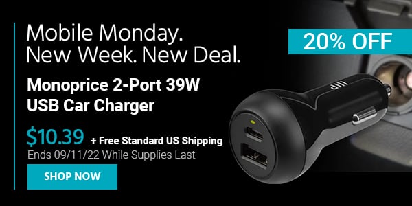 Mobile Monday. New Week, New Deal. Monoprice 2-Port 39W USB Car Charger $10.39 + Free Standard US Shipping (20% OFF) (tag) Ends 09/11/22 While Supplies Last