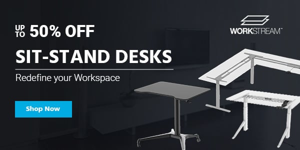 Workstream (logo) Up to 50% off Sit-Stand Desks Redefine your Workspace Shop Now