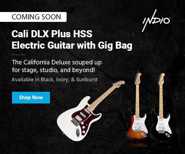 Indio™ (logo) Cali DLX Plus HSS Electric Guitar with Gig Bag The California Deluxe souped‑up for stage, studio, and beyond! Available in Black, Ivory, & Sunburst Shop Now