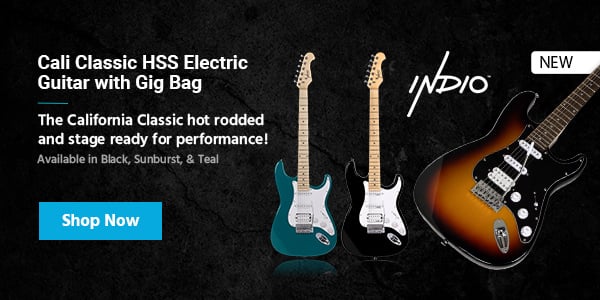 Indio™ (logo) Cali Classic HSS Electric Guitar with Gig Bag The California Classic hot‑rodded and stage ready for performance! Available in Black, Sunburst, & Teal Shop Now