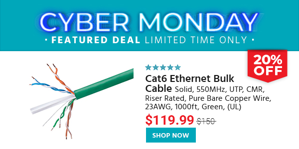 Cat6 Ethernet Bulk Cable - Solid, 550MHz, UTP, CMR, Riser Rated, Pure Bare Copper Wire, 23AWG, 1000ft, Green, (UL)
