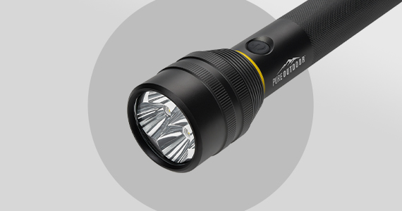 NEW (tag) Pure Outdoor (logo) 10" Tactical Aluminum LED Flashlight 1800 Lumens, IP4 Rated, Over Six Hours of Light Time Shop Now