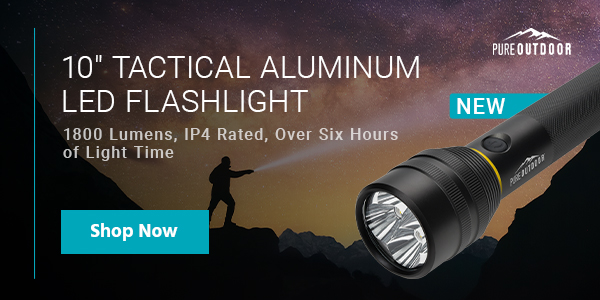 NEW (tag) Pure Outdoor (logo) 10" Tactical Aluminum LED Flashlight 1800 Lumens, IP4 Rated, Over Six Hours of Light Time Shop Now