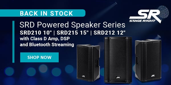 Back in Stock (tag) Stage Right (logo) SRD Powered Speaker Series SRD210 10" | SRD212 12" | SRD215 15" with Class D Amp, DSP and Bluetooth Streaming Shop now