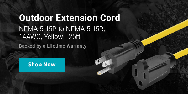 New (tag) Outdoor Extension Cord - NEMA 5-15P to NEMA 5-15R, 14AWG, Yellow - 25ft Backed by a Lifetime Warranty Shop Now