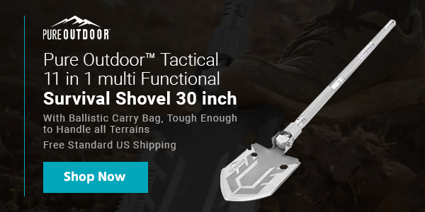 New (tag) Pureoutdoor (logo) Pure Outdoor™ Tactical 11‑in‑1 multi‑Functional Survival Shovel 30 inch With Ballistic Carry Bag, Tough Enough to Handle all Terrains Free Standard US Shipping Shop Now