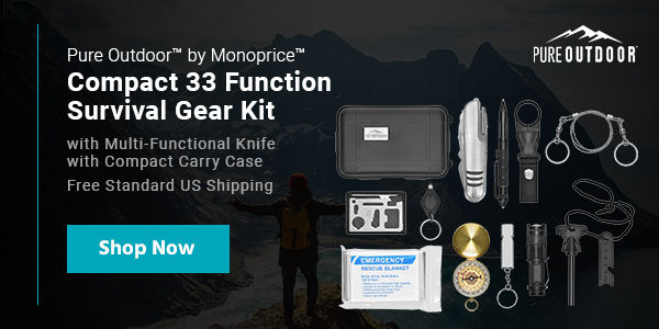 New (tag) Pureoutdoor (logo) Pure Outdoor™ by Monoprice™ Compact 33 Function Survival Gear Kit with Multi-Functional Knife with Compact Carry Case Free Standard US Shipping Shop Now