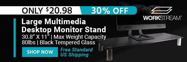 Workstream (logo) Workstream by Monoprice Large Multimedia Desktop Monitor Stand 30.8” X 11” | Max Weight Capacity 80lbs | Black Tempered Glass Free Standard US Shipping Only $20.98 (30% OFF) (tag) Shop Now